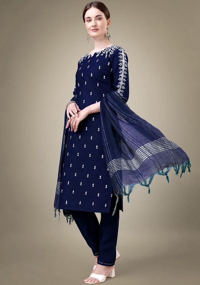Navy Blue Embroidered Poly Blend Salwar Kameez With Dupatta