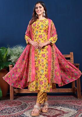 Yellow Floral Printed Poly Blend Salwar Kameez With Dupatta