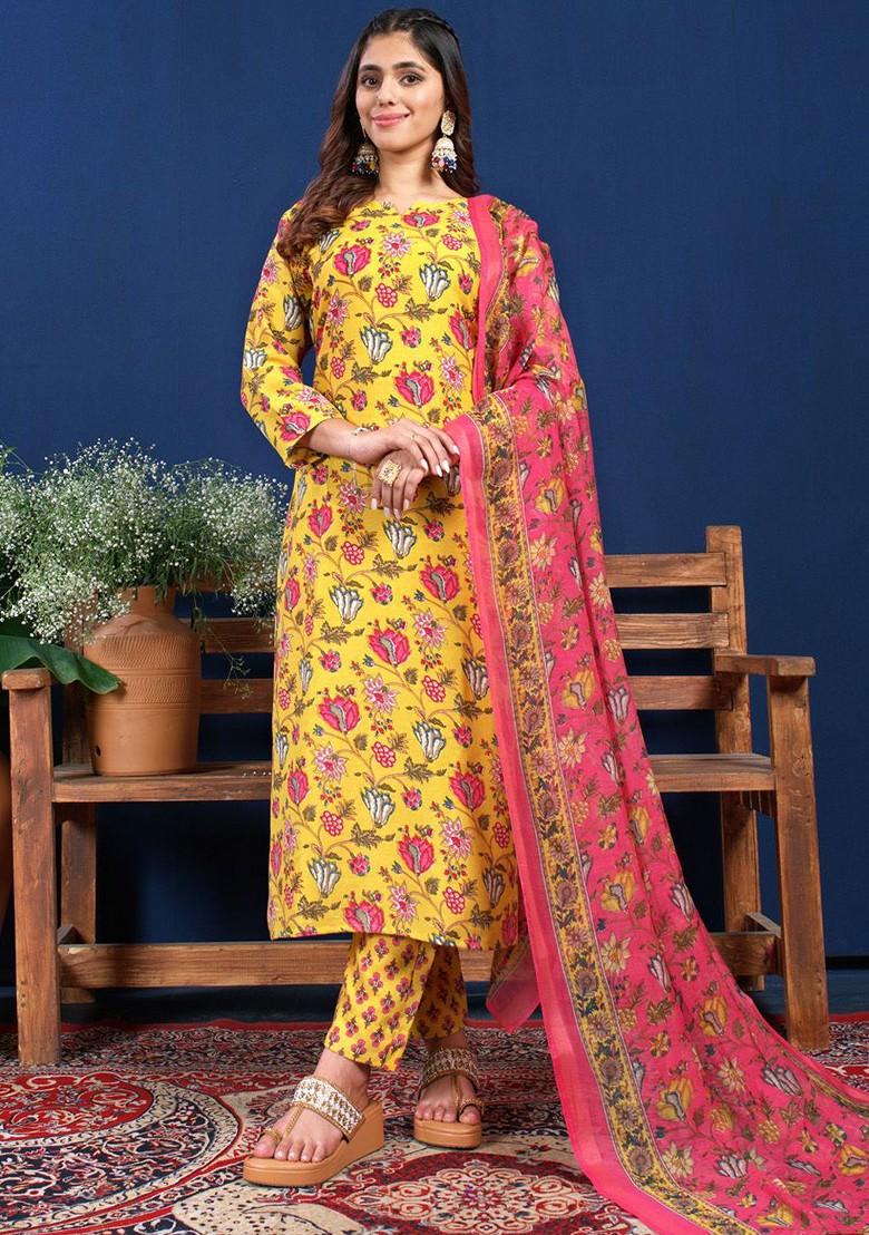 Yellow Floral Printed Poly Blend Salwar Kameez With Dupatta