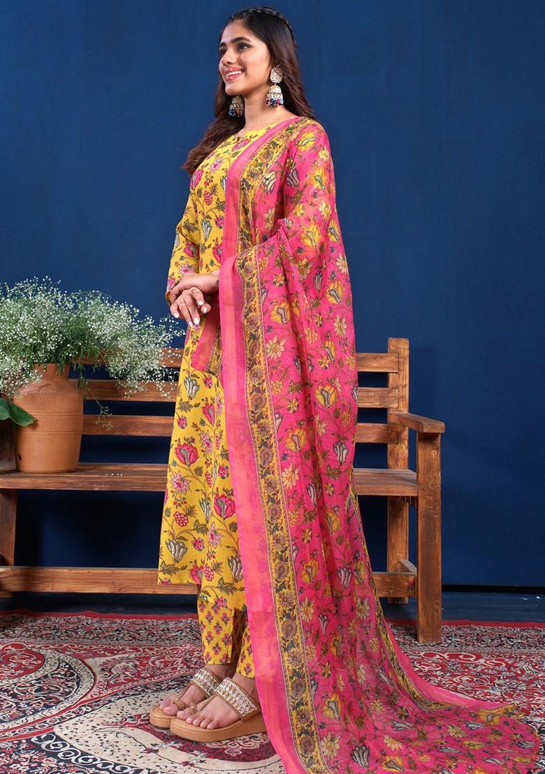 Yellow Floral Printed Poly Blend Salwar Kameez With Dupatta