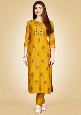 Yellow Embroidered Poly Blend Salwar Kameez With Dupatta