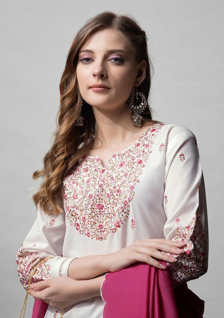 White Floral Embroidered Poly Blend Salwar Kameez With Dupatta