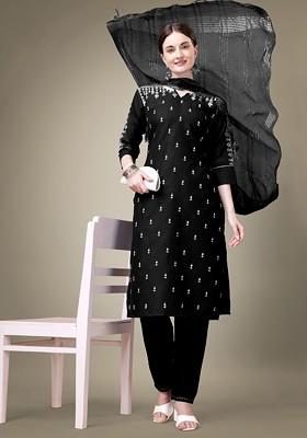 Black Woven Poly Blend Salwar Kameez With Dupatta