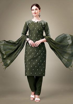 Green Floral Embroidered Poly Blend Salwar Kameez With Dupatta