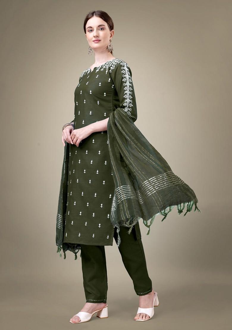Green Floral Embroidered Poly Blend Salwar Kameez With Dupatta