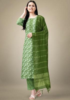 Green Floral Printed Poly Blend Salwar Kameez With Dupatta
