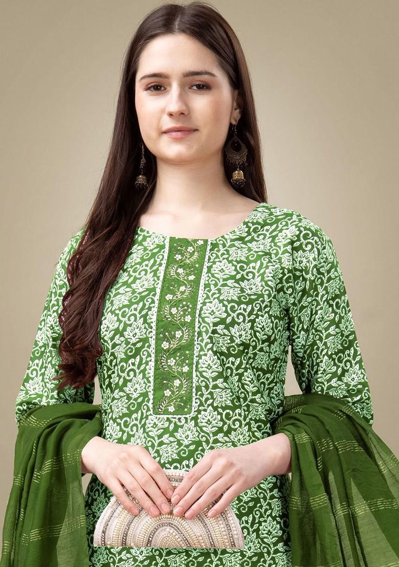 Green Floral Printed Poly Blend Salwar Kameez With Dupatta
