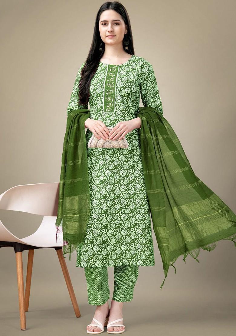 Green Floral Printed Poly Blend Salwar Kameez With Dupatta