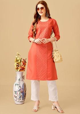 Orange Embroidered Poly Blend Salwar Kameez With Dupatta
