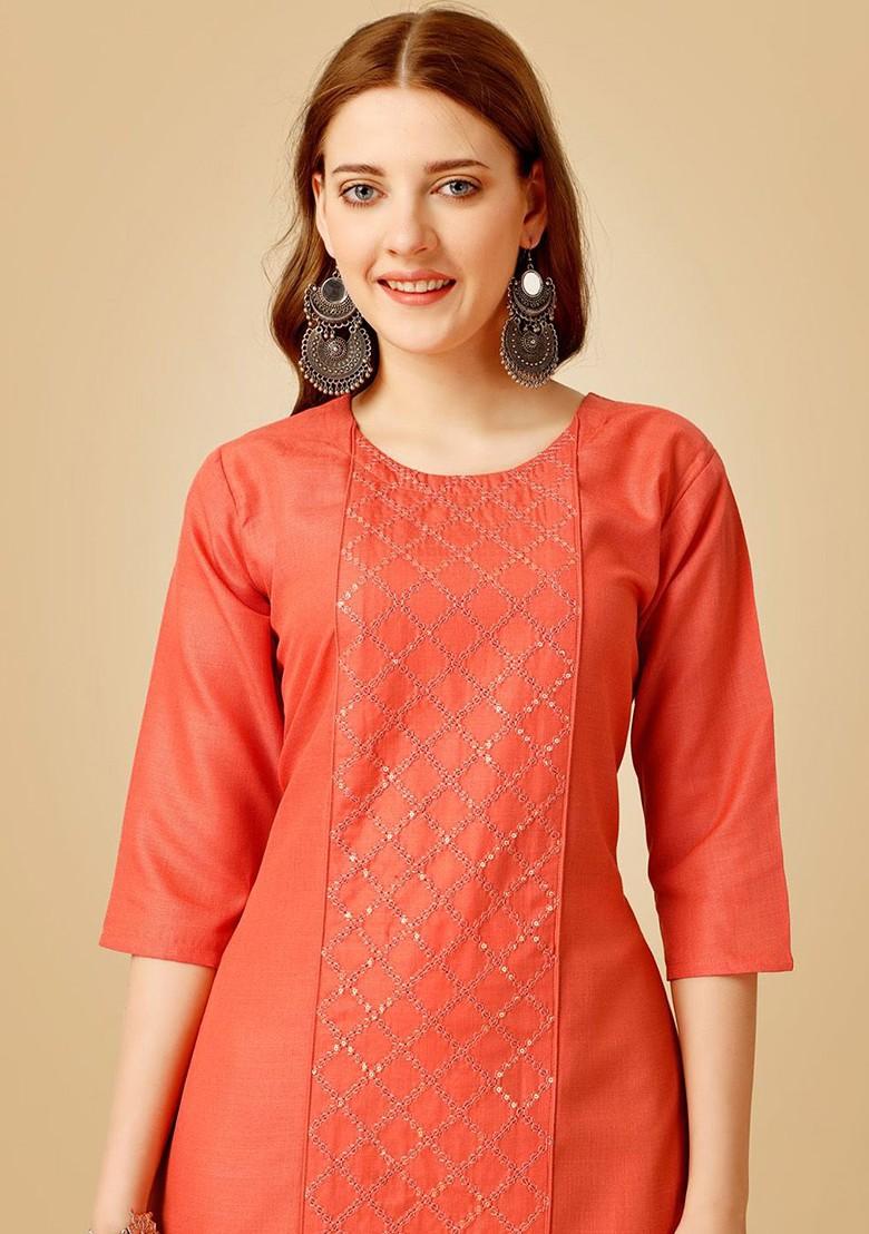 Orange Embroidered Poly Blend Salwar Kameez With Dupatta