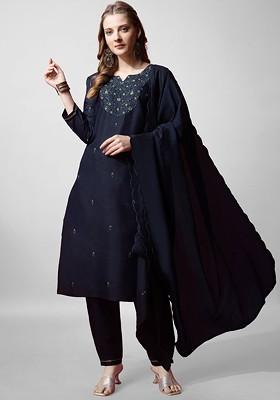 Navy Blue Embellished Poly Blend Salwar Kameez With Dupatta