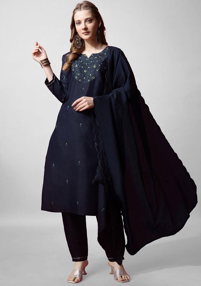 Navy Blue Embellished Poly Blend Salwar Kameez With Dupatta