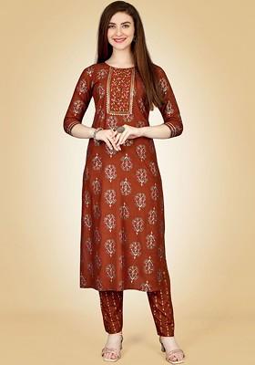 Rust Orange Embroidered Poly Blend Salwar Kameez With Dupatta
