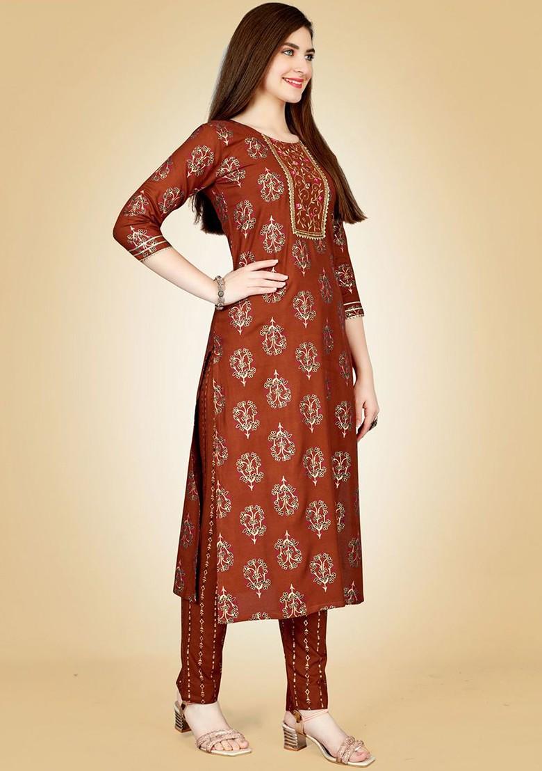 Rust Orange Embroidered Poly Blend Salwar Kameez With Dupatta