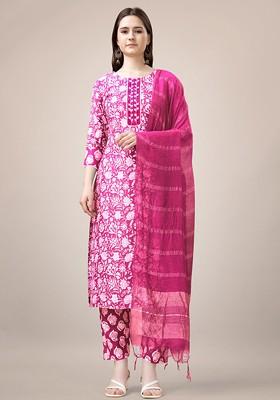 Pink Floral Printed Poly Blend Salwar Kameez With Dupatta
