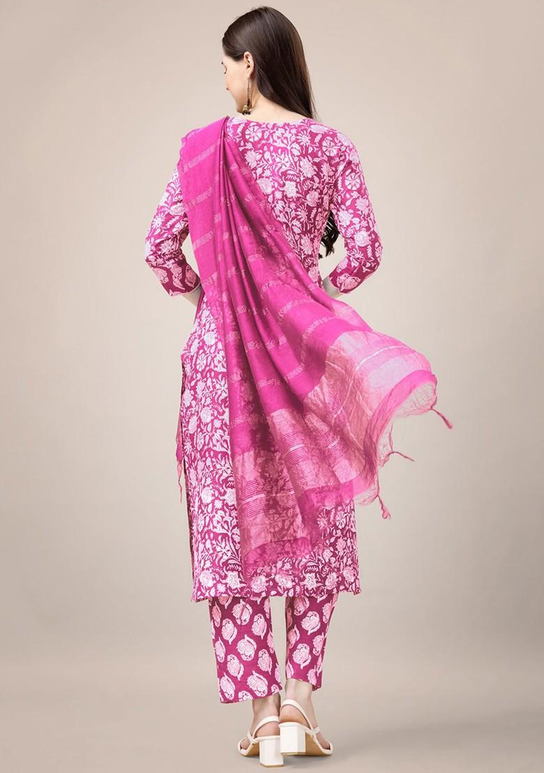 Pink Floral Printed Poly Blend Salwar Kameez With Dupatta