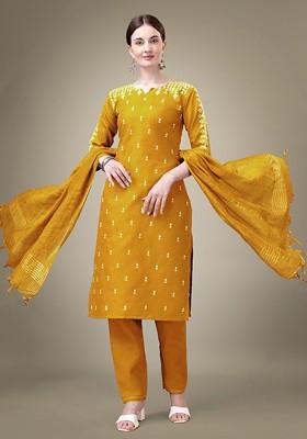 Yellow Embroidered Poly Blend Salwar Kameez With Dupatta