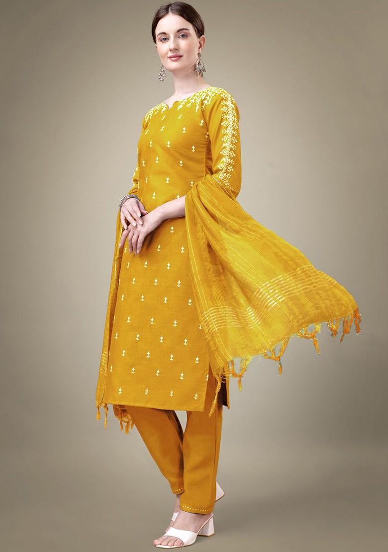 Yellow Embroidered Poly Blend Salwar Kameez With Dupatta