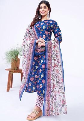 Blue Floral Printed Poly Blend Salwar Kameez With Dupatta