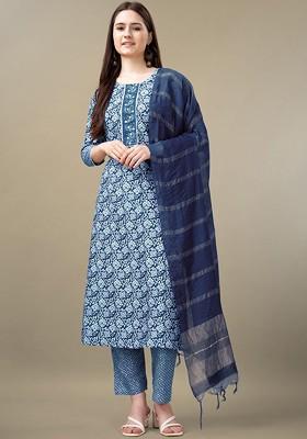 Blue Floral Printed Poly Blend Salwar Kameez With Dupatta