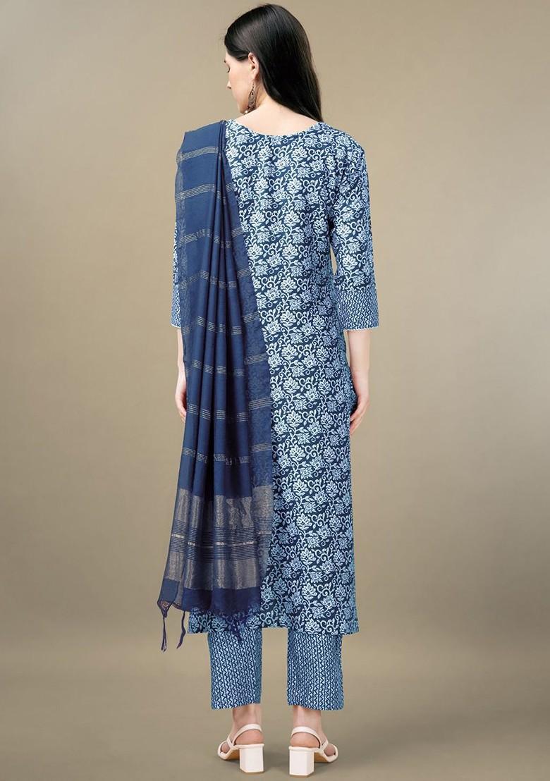 Blue Floral Printed Poly Blend Salwar Kameez With Dupatta