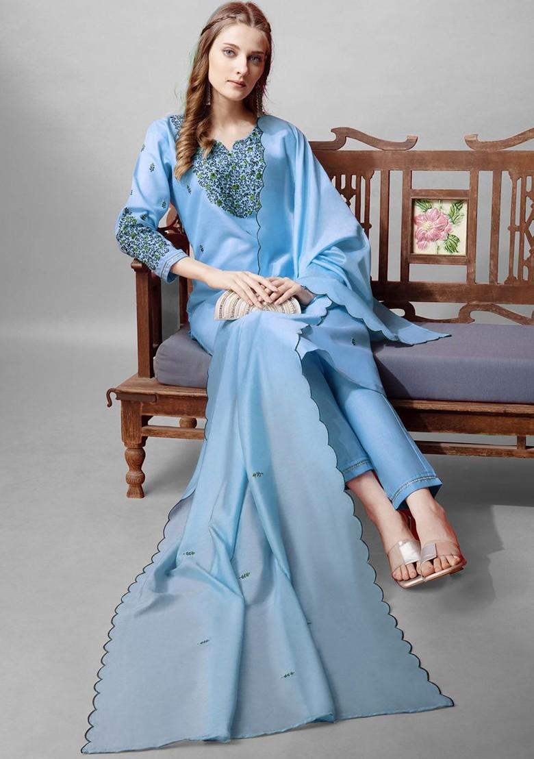 Blue Floral Embroidered Poly Blend Salwar Kameez With Dupatta