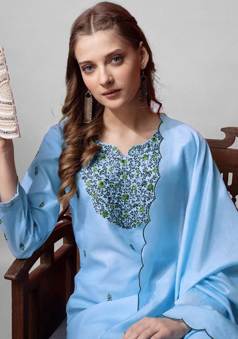 Blue Floral Embroidered Poly Blend Salwar Kameez With Dupatta