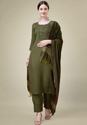Green Embellished Poly Blend Salwar Kameez With Dupatta