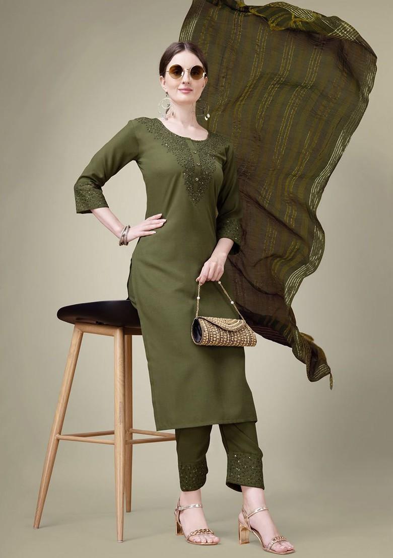 Green Embellished Poly Blend Salwar Kameez With Dupatta