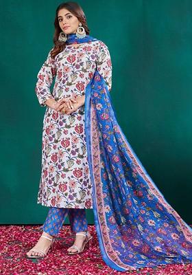 White Floral Printed Poly Blend Salwar Kameez With Dupatta