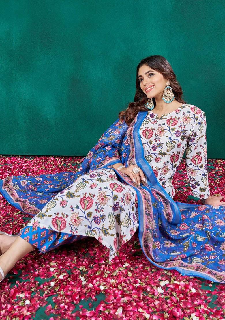 White Floral Printed Poly Blend Salwar Kameez With Dupatta