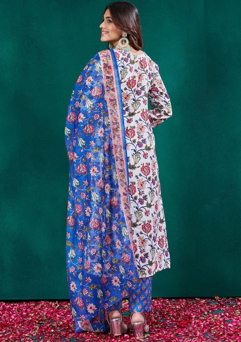 White Floral Printed Poly Blend Salwar Kameez With Dupatta