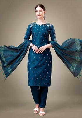 Blue Paisley Embroidered Poly Blend Salwar Kameez With Dupatta