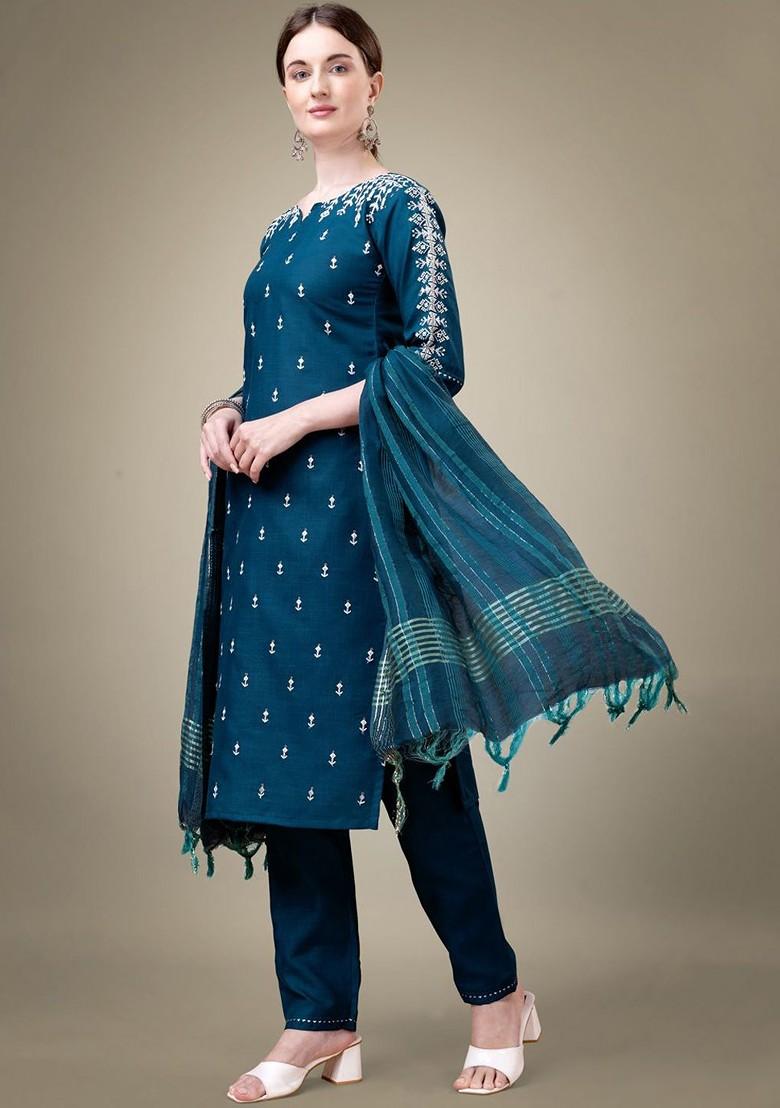 Blue Paisley Embroidered Poly Blend Salwar Kameez With Dupatta