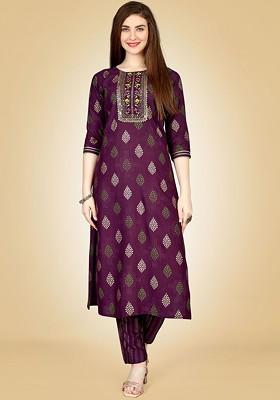 Purple Embroidered Poly Blend Salwar Kameez With Dupatta