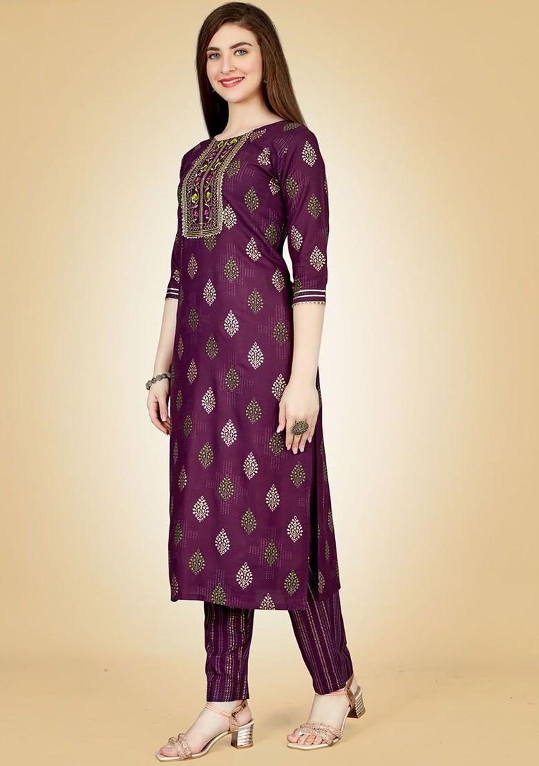 Purple Embroidered Poly Blend Salwar Kameez With Dupatta