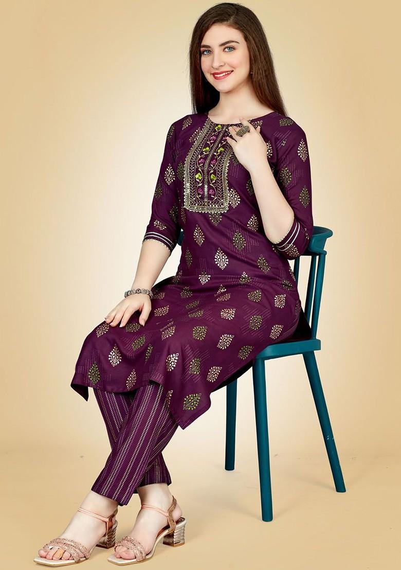 Purple Embroidered Poly Blend Salwar Kameez With Dupatta