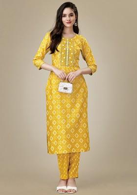 Yellow Bandhani Print Poly Blend Salwar Kameez With Dupatta