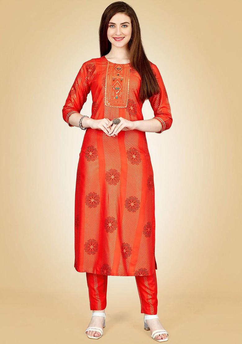 Orange Embroidered Poly Blend Salwar Kameez With Dupatta