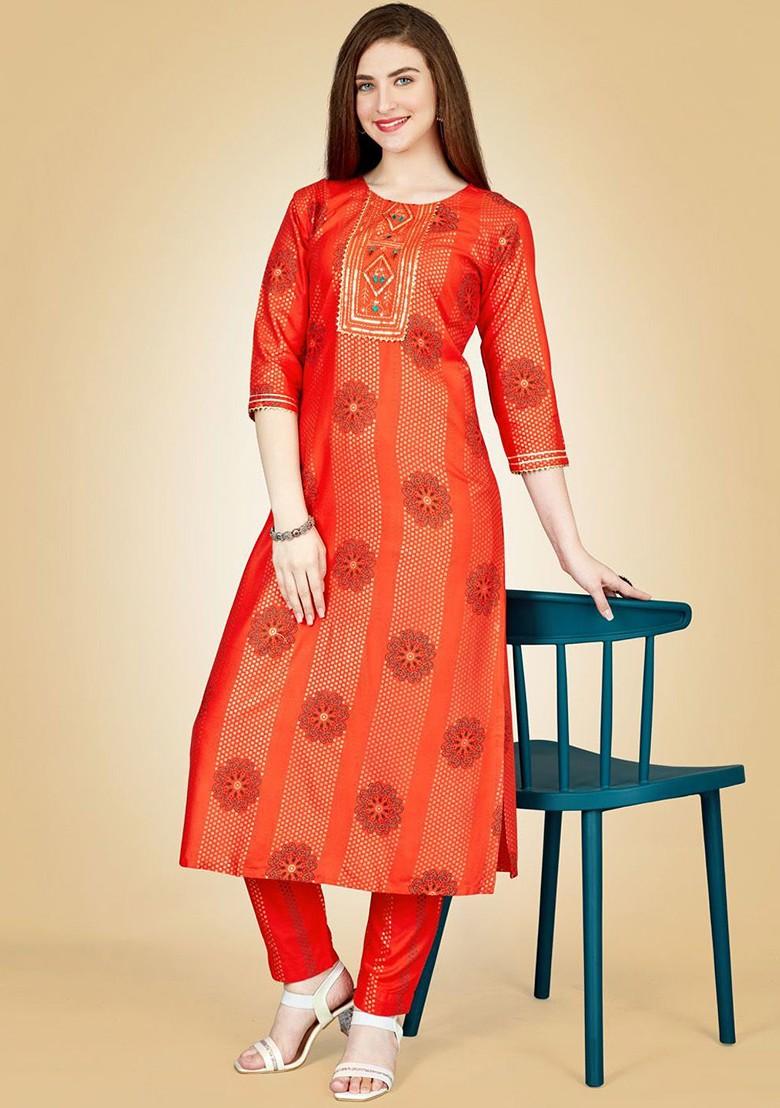 Orange Embroidered Poly Blend Salwar Kameez With Dupatta