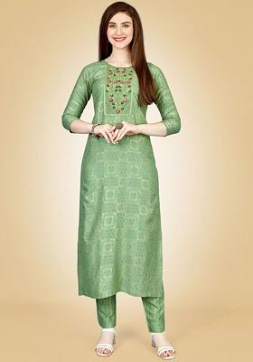 Green Floral Embroidered Poly Blend Salwar Kameez With Dupatta
