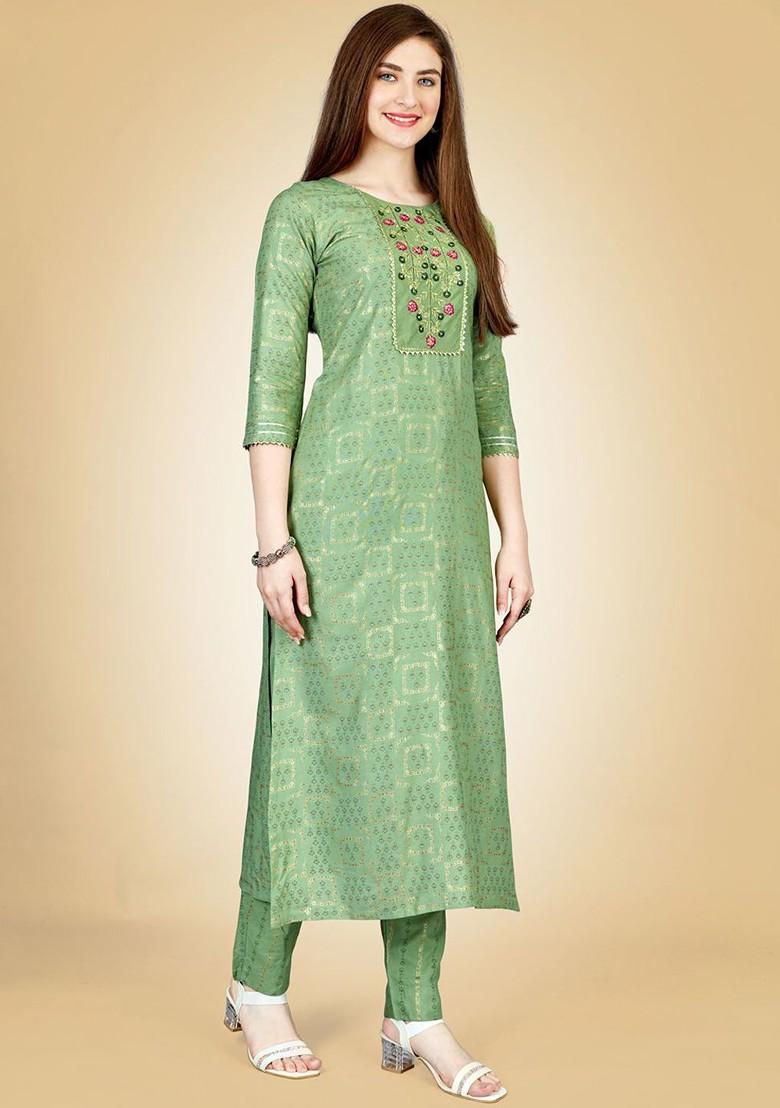 Green Floral Embroidered Poly Blend Salwar Kameez With Dupatta