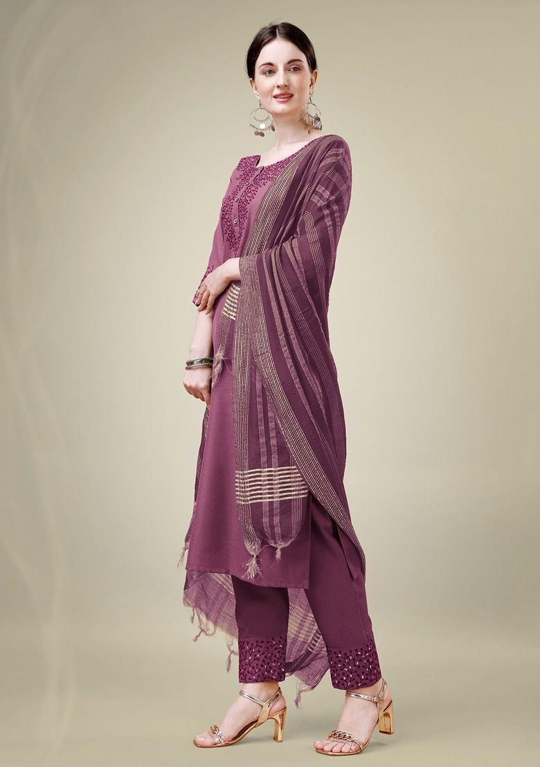 Purple Floral Embroidered Poly Blend Salwar Kameez With Dupatta