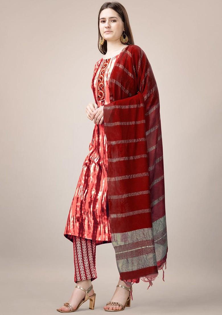 Orange Embroidered Poly Blend Salwar Kameez With Dupatta