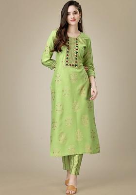 Green Floral Embroidered Poly Blend Salwar Kameez With Dupatta