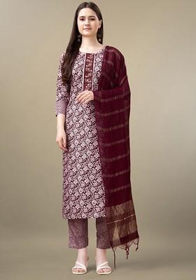 Maroon Floral Printed Poly Blend Salwar Kameez With Dupatta