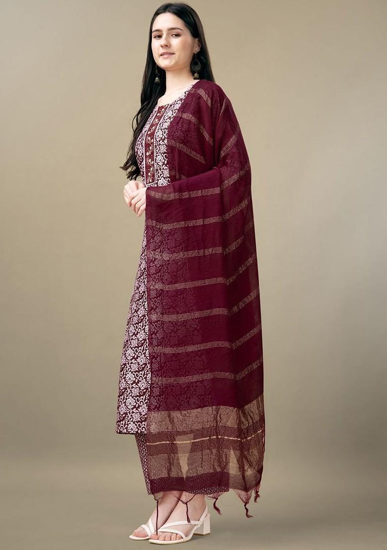 Maroon Floral Printed Poly Blend Salwar Kameez With Dupatta