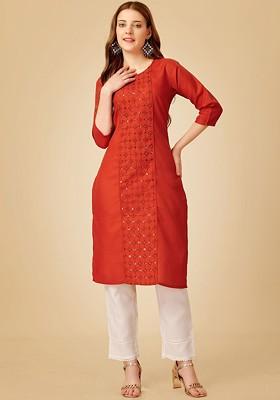 Rust Orange Embellished Poly Blend Salwar Kameez With Dupatta