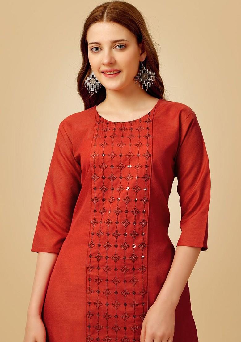 Rust Orange Embellished Poly Blend Salwar Kameez With Dupatta