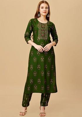 Green Embroidered Poly Blend Salwar Kameez With Dupatta
